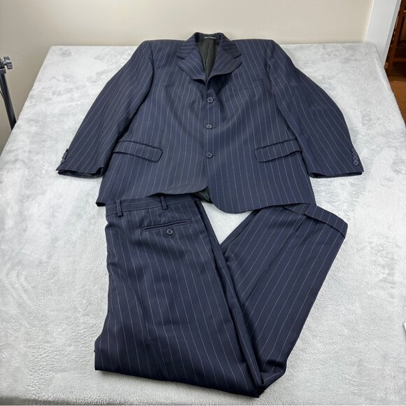 Christian Dior 100% Wool Suit Set Navy Blue Pin Stripe Men's Sz 56 Blazer & Pant - Picture 1 of 16